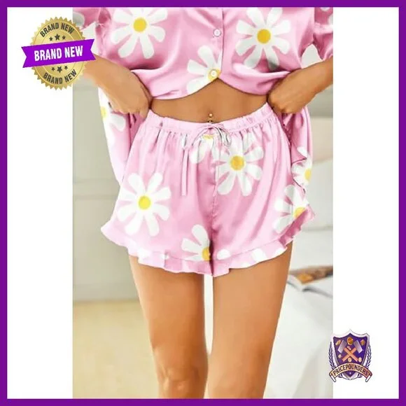 Women's Satin Pajama Set Short Sleeve Button Down Shorts Sleepwear